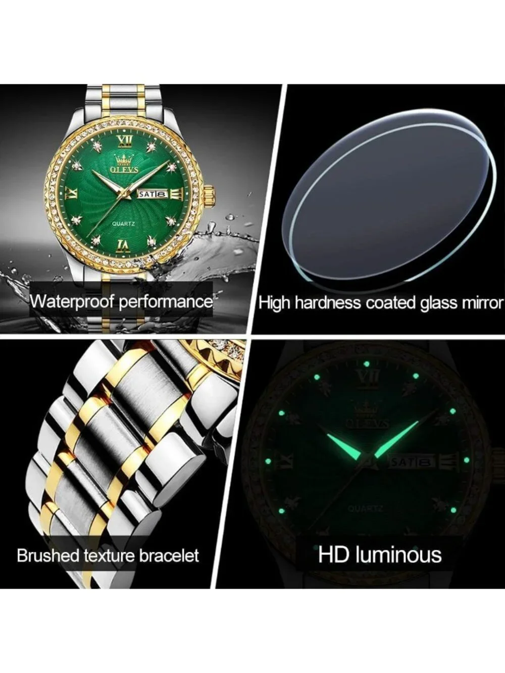 Men's Silver Green Diamond Stainless Waterproof Luminous Analog Luxury Watch